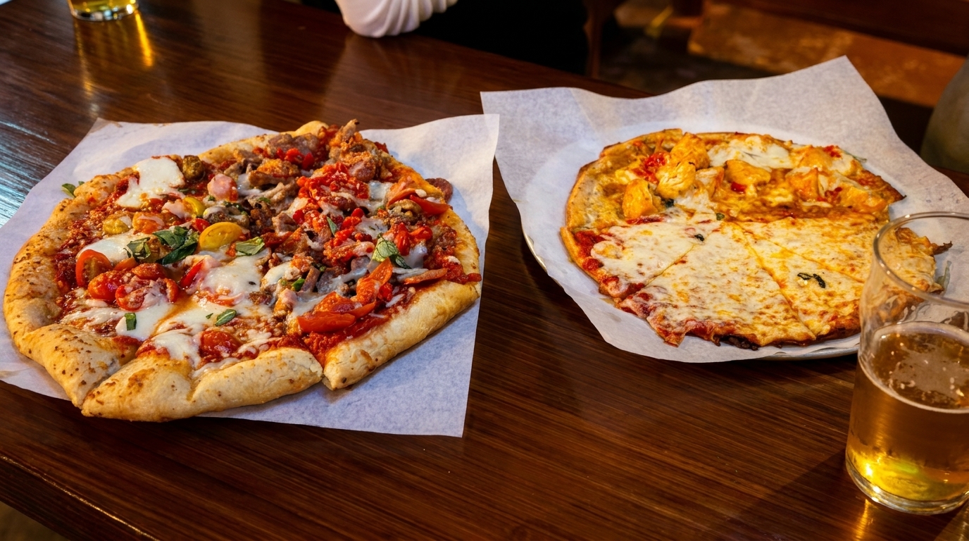 Two pizzas, one with meat and vegetables, the other cheese and chicken, with a beer on a wooden table.