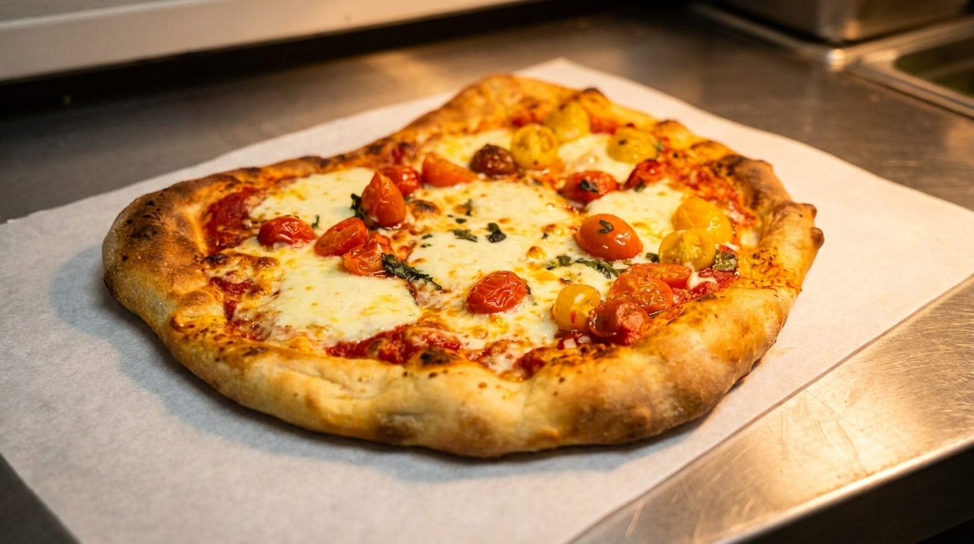 Freshly baked pizza with melted mozzarella, red and yellow cherry tomatoes, and basil on parchment paper.