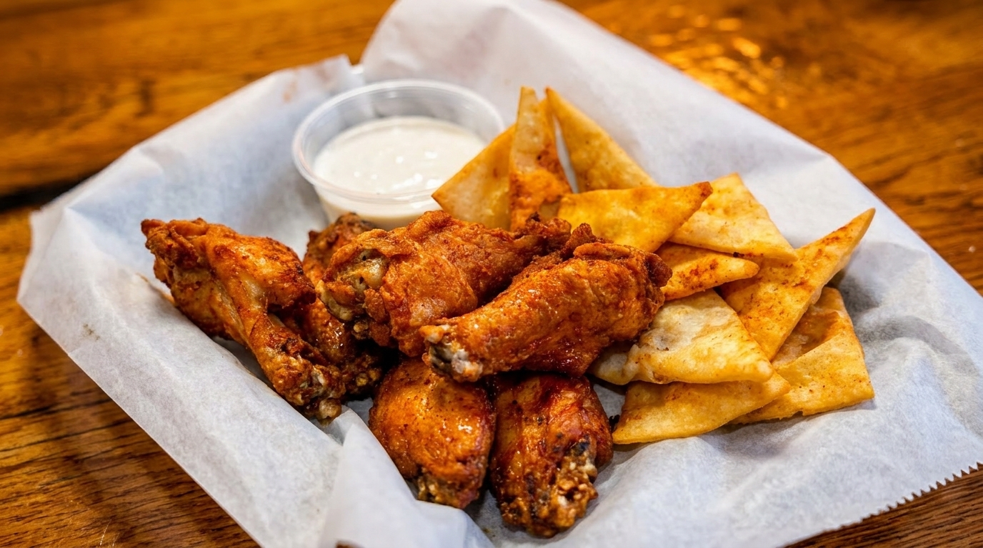 Crispy chicken wings, tortilla chips, and a side of ranch dressing in a basket.