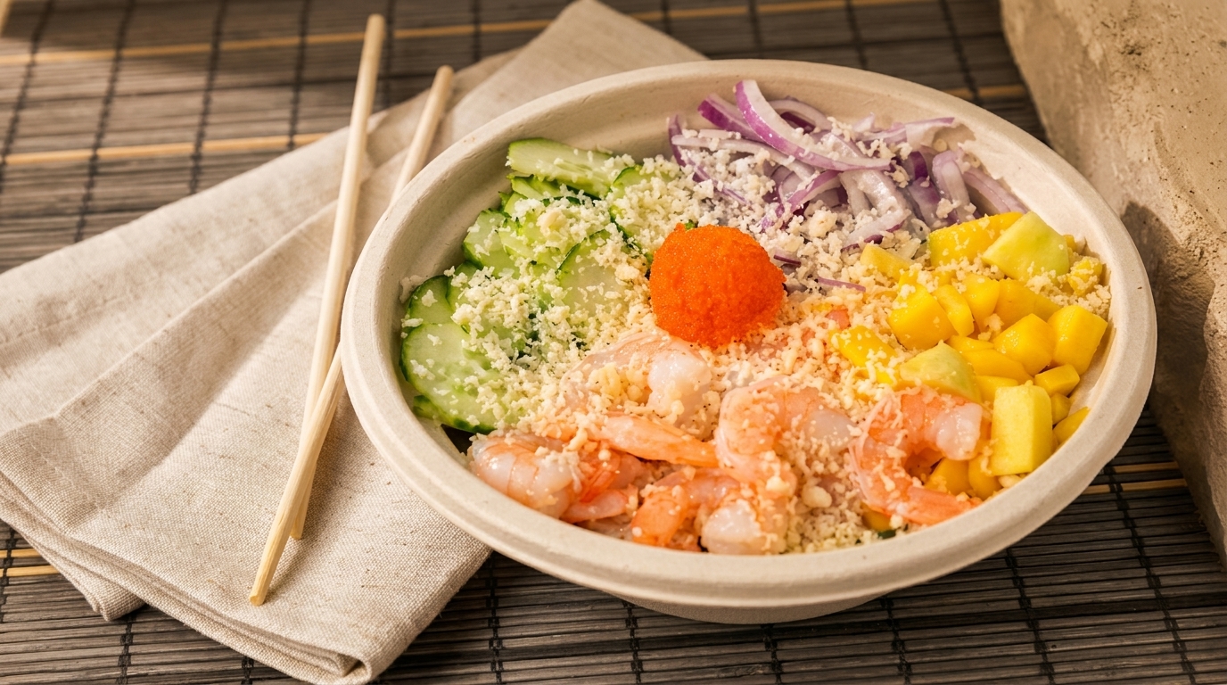 Colorful poke bowl with shrimp, mango, cucumber, red onion, and orange roe, with chopsticks.