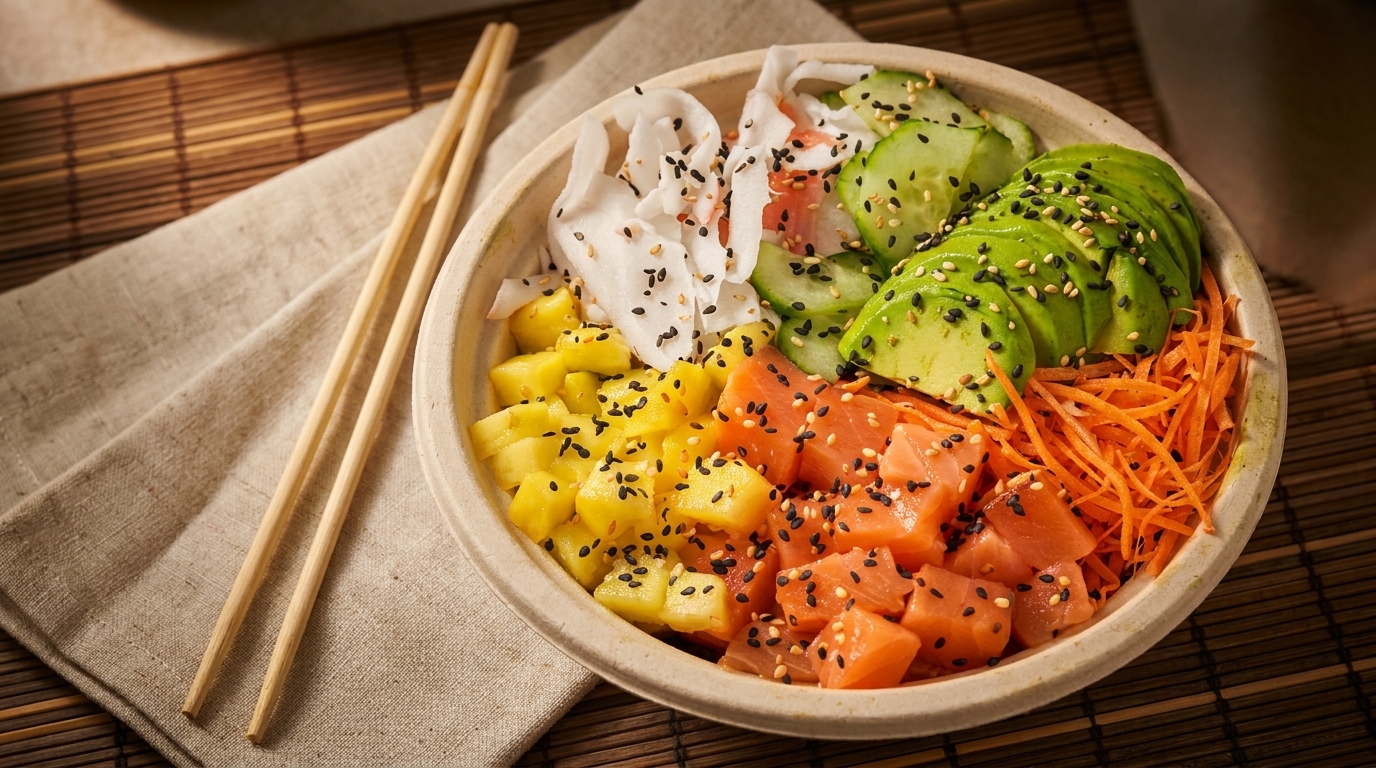 Colorful poke bowl with salmon, pineapple, avocado, cucumber, and radish, garnished with sesame seeds.
