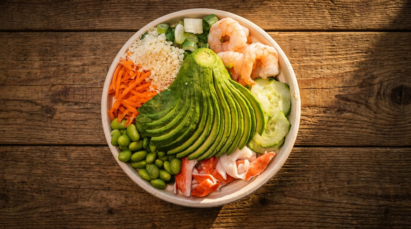 A colorful poke bowl with shrimp, avocado, edamame, carrots, and imitation crab on a wooden table.