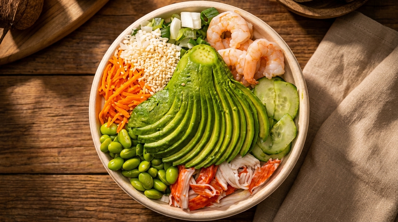 Colorful poke bowl with avocado, shrimp, crab, edamame, carrots, cucumber, and sesame seeds.