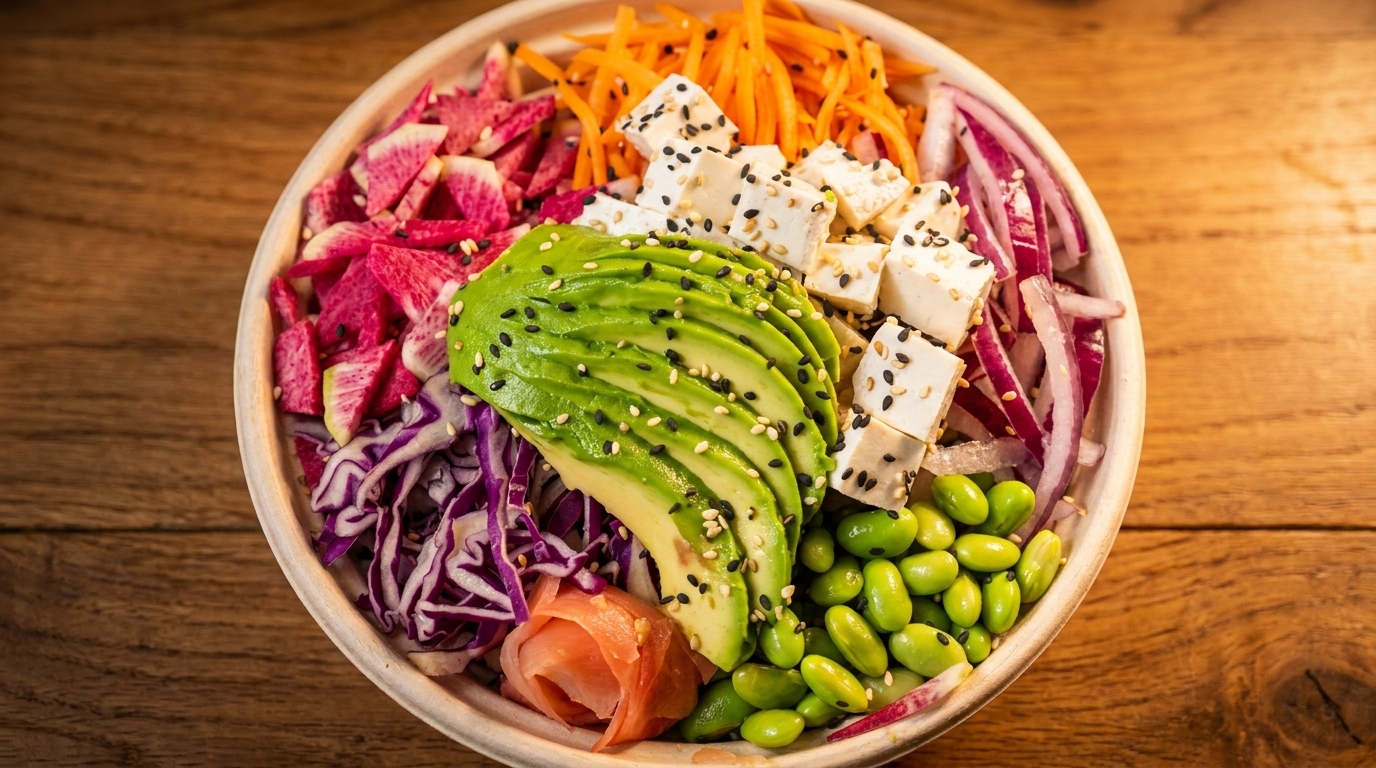 Colorful vegan poke bowl with avocado, tofu, edamame, red cabbage, carrots, and radishes.