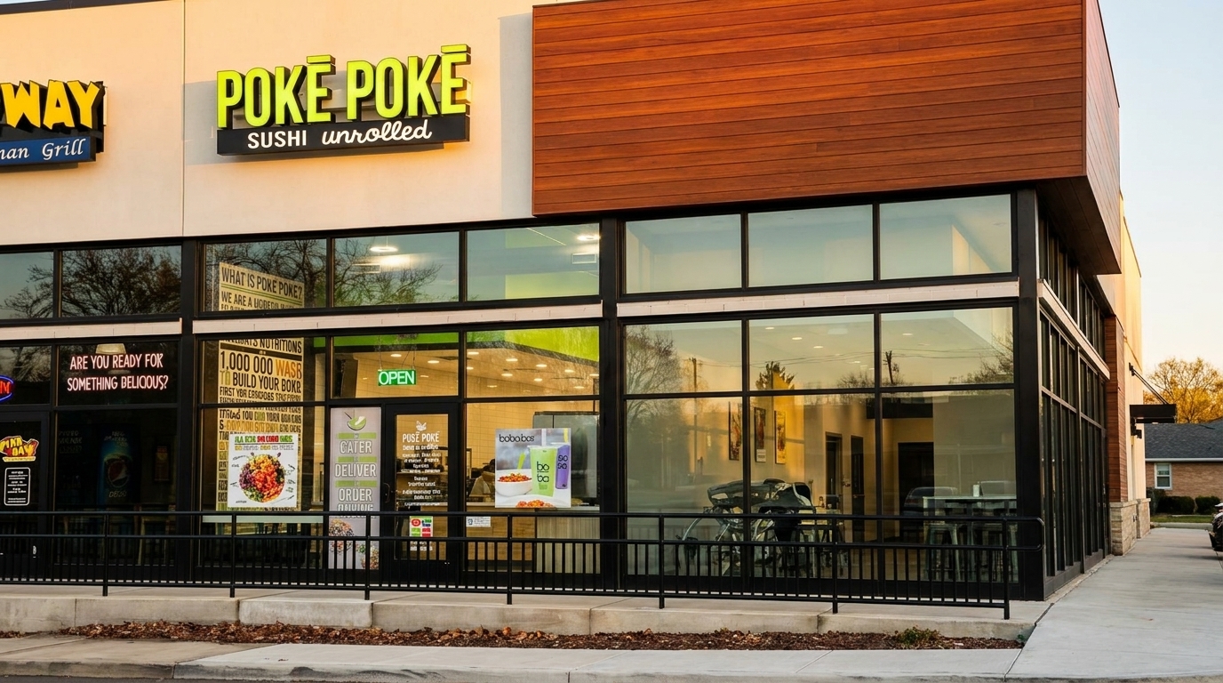 Exterior of Poke Poke restaurant with large windows, an "OPEN" sign, and outdoor seating.