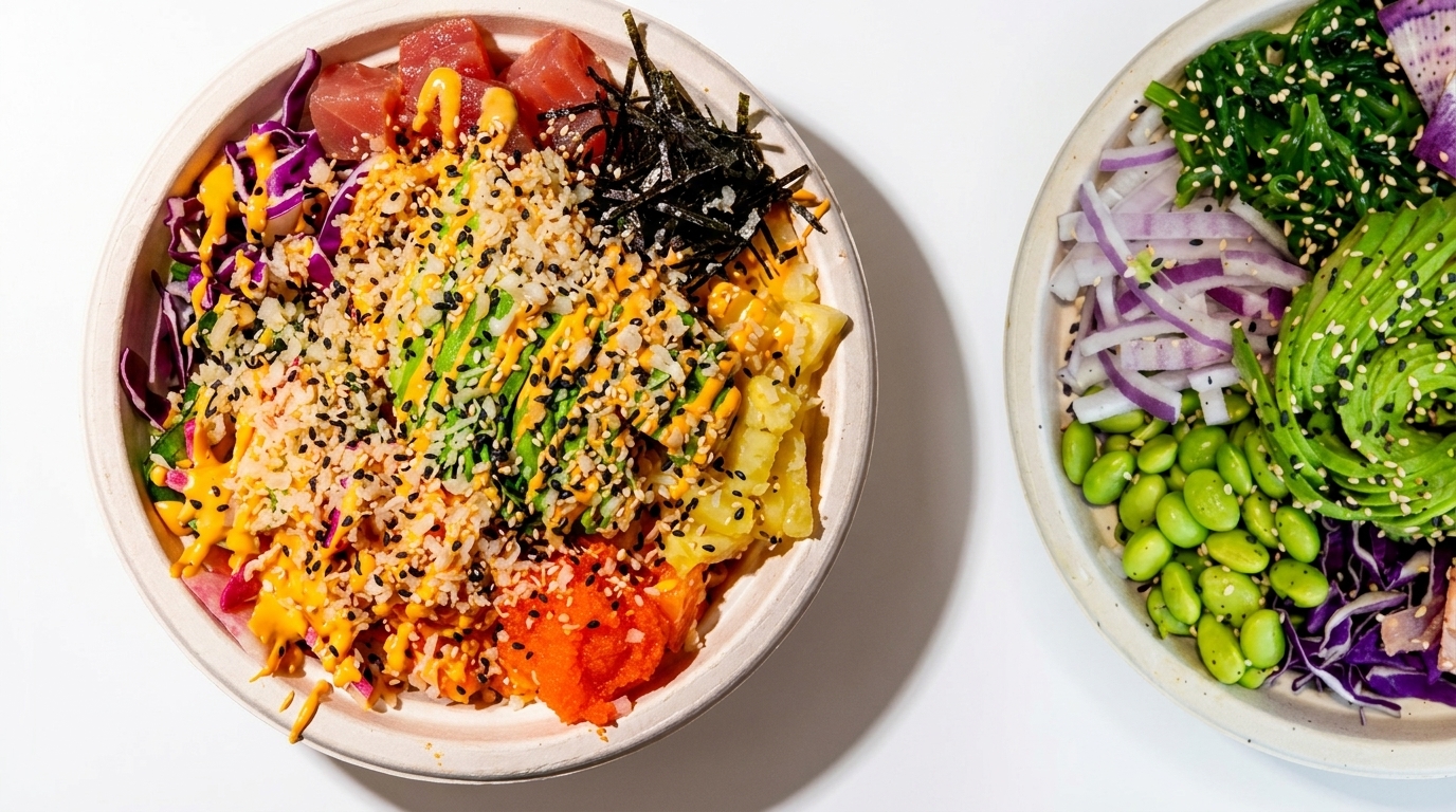 Two colorful poke bowls, one with tuna, avocado, and pineapple, the other with edamame and seaweed.
