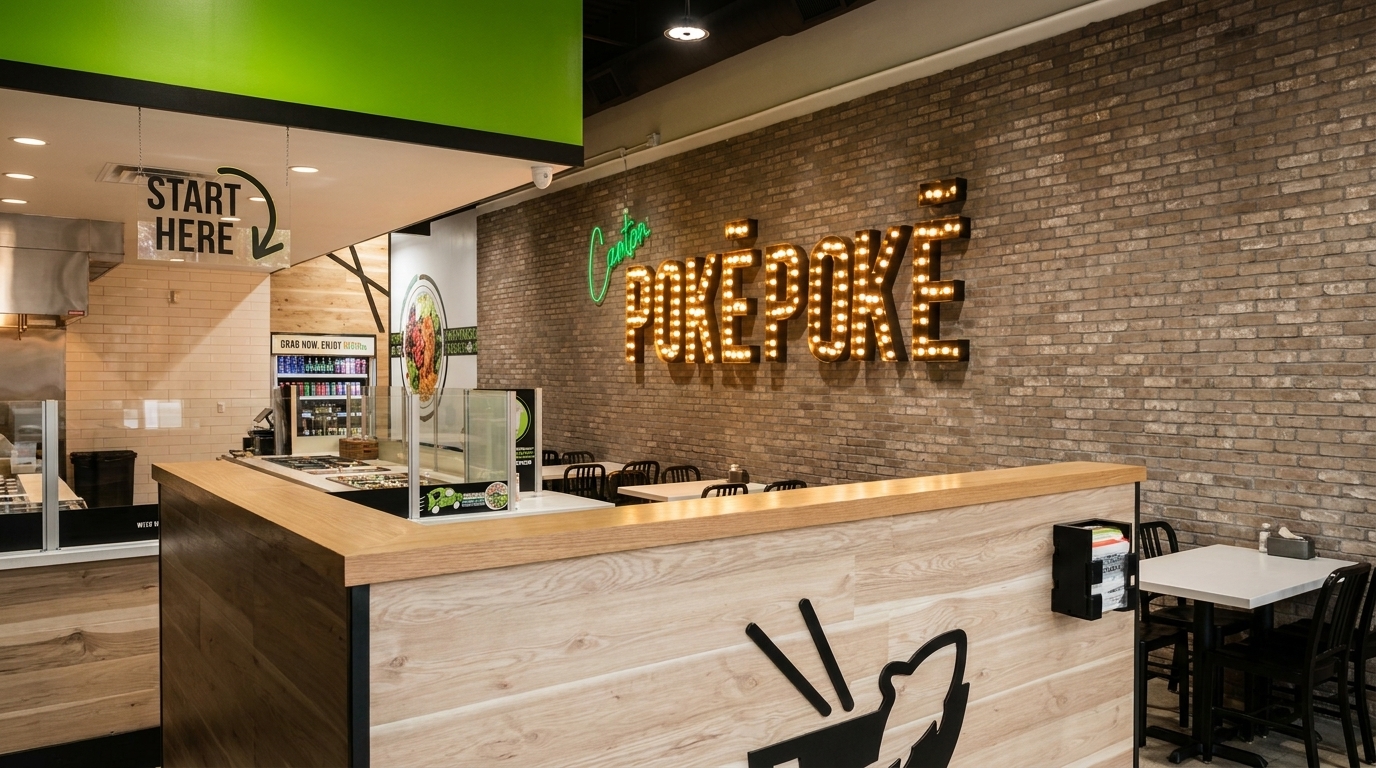 Interior of a modern poke restaurant with a brick wall, bright "POKE POKE" sign, and serving counter.