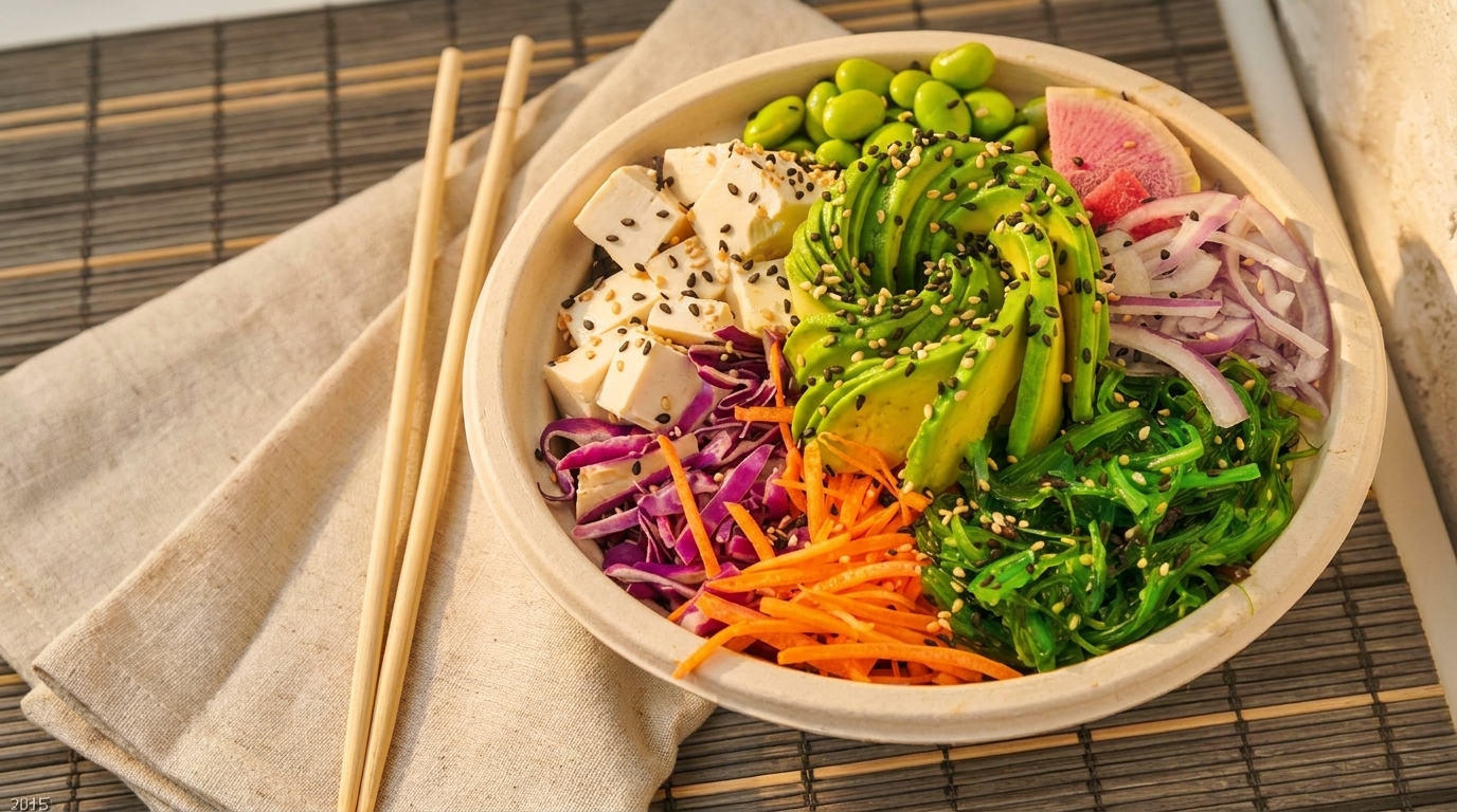 A colorful poke bowl with tofu, avocado, edamame, seaweed, carrots, and red cabbage, with chopsticks nearby.