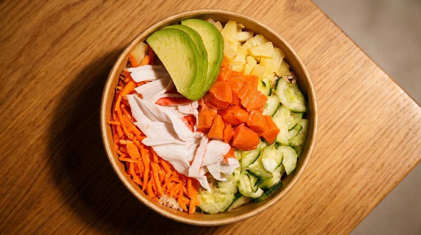 Overhead view of a colorful poke bowl with salmon, avocado, crab, carrots, cucumber, and pineapple.