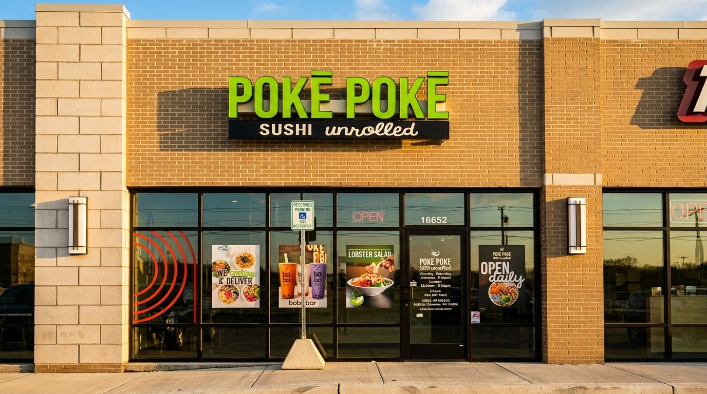 Exterior view of Poke Poke restaurant with its green sign, brick facade, and large glass windows.