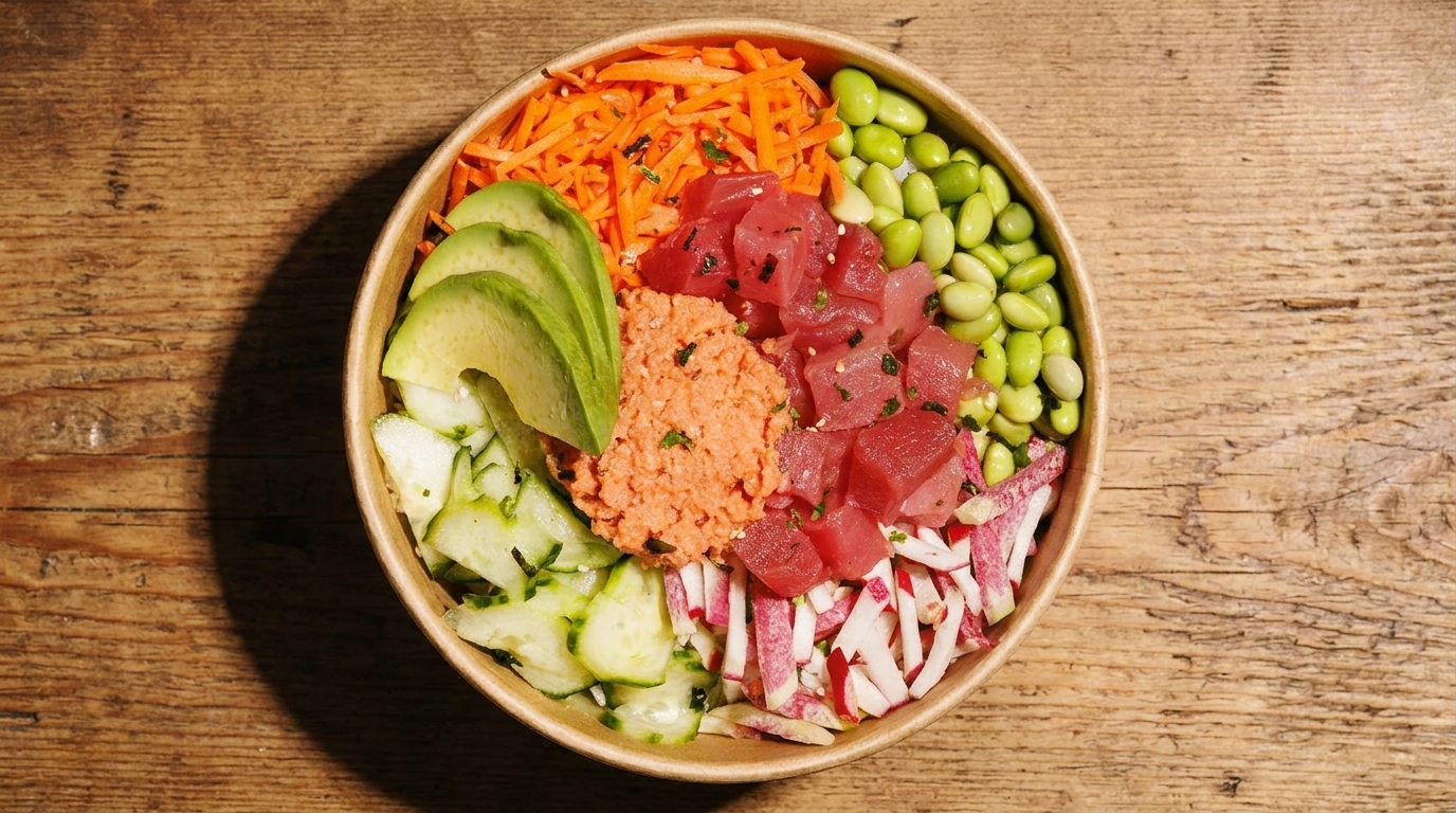 Colorful poke bowl with tuna, avocado, edamame, carrots, cucumber, and radish on a wooden table.