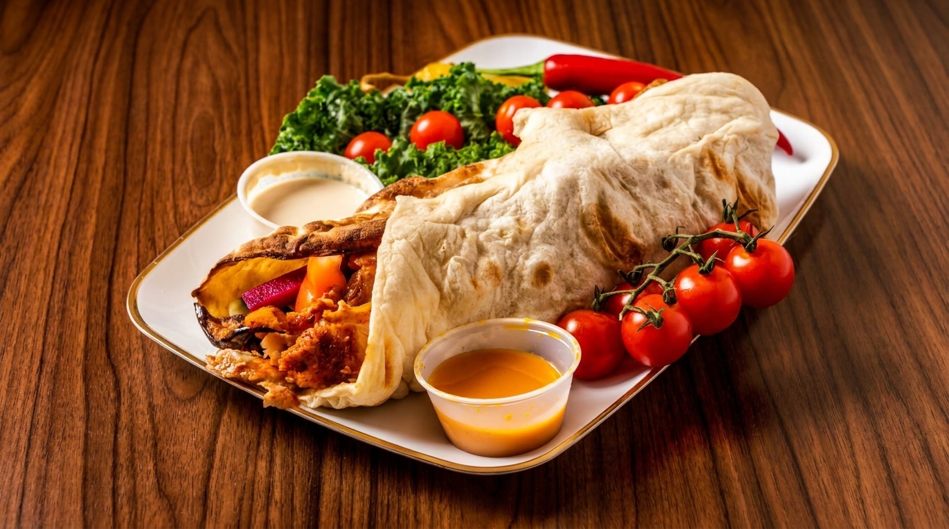 Shawarma wrap with chicken, vegetables, sauces, and cherry tomatoes on a white plate.