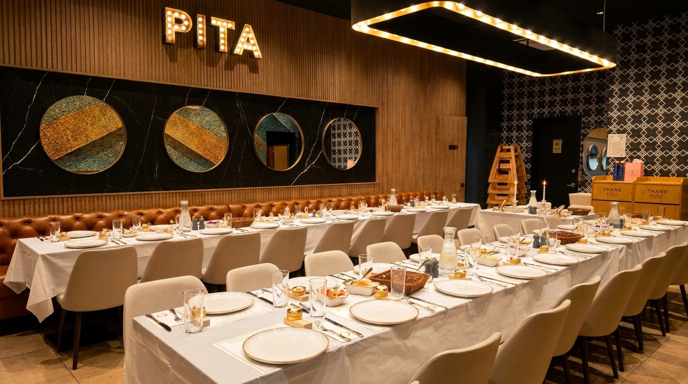 Long dining tables set with white tablecloths and place settings in a modern restaurant with "PITA" sign.
