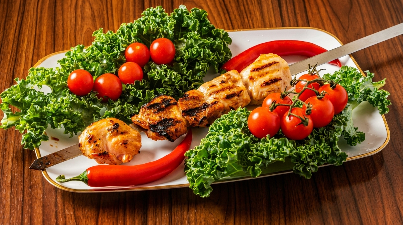 Grilled chicken skewer with kale, cherry tomatoes, and red chili peppers on a white plate.