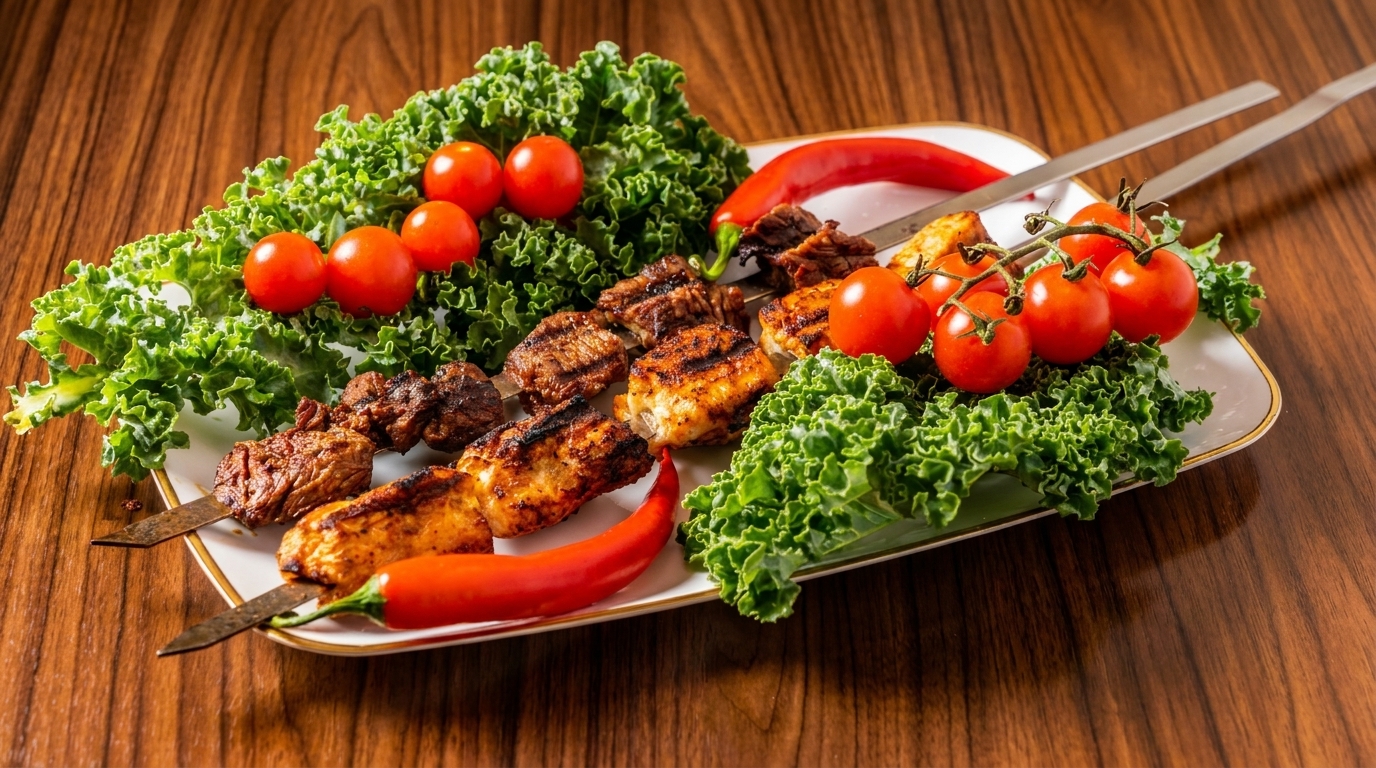 Grilled chicken and beef skewers with kale, cherry tomatoes, and red chili peppers on a white platter.
