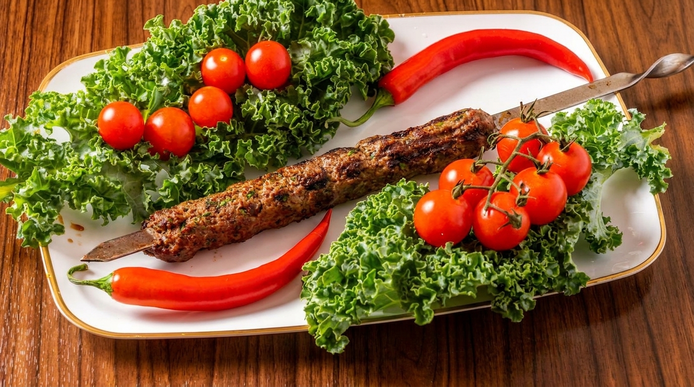 Grilled kebab skewer with fresh kale, cherry tomatoes, and red chili peppers on a white plate.