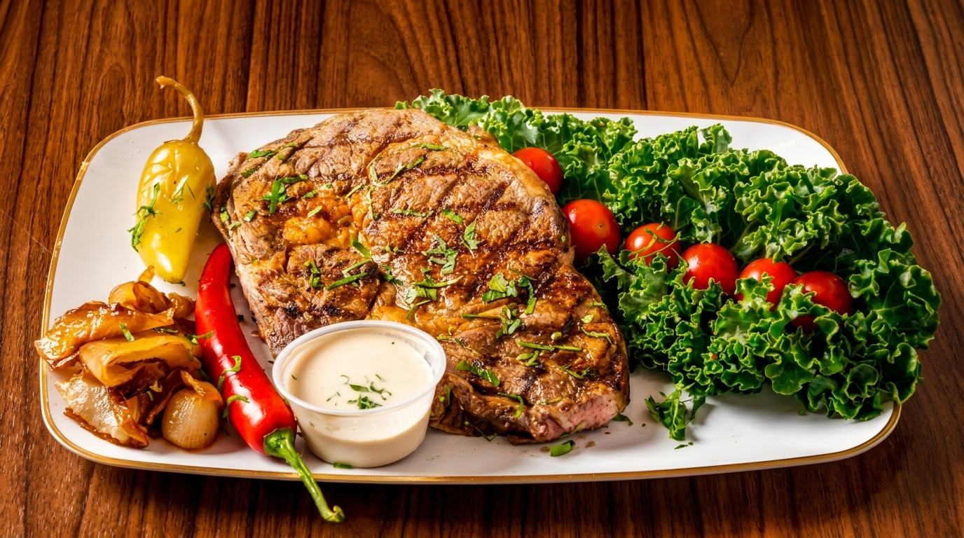 Grilled steak with sautéed onions, peppers, cherry tomatoes, kale, and a side of sauce.