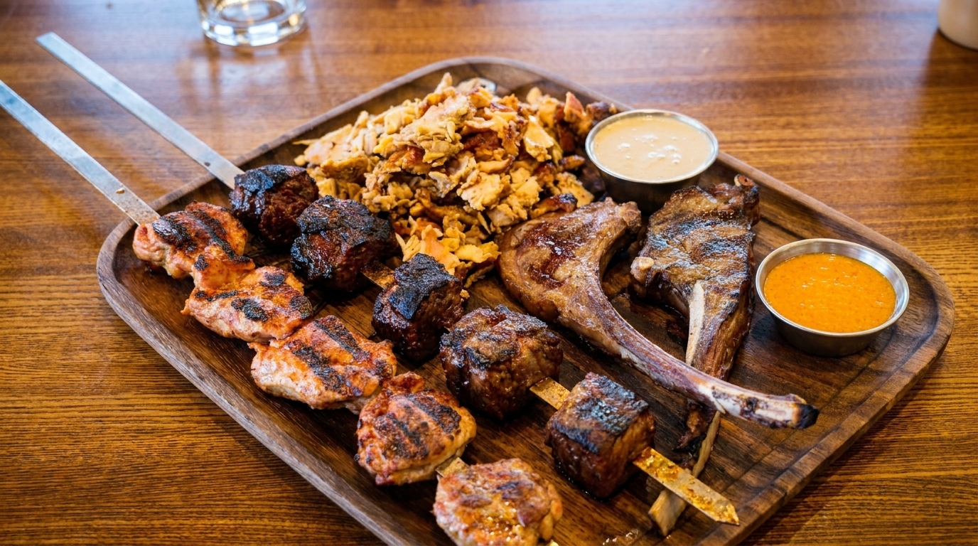 A wooden platter with grilled meat skewers, lamb chops, shredded chicken, and two dipping sauces.