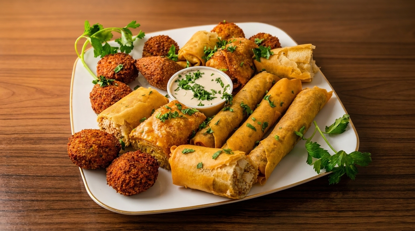 A platter of golden-brown falafel, spring rolls, and pastries with a side of white dipping sauce.