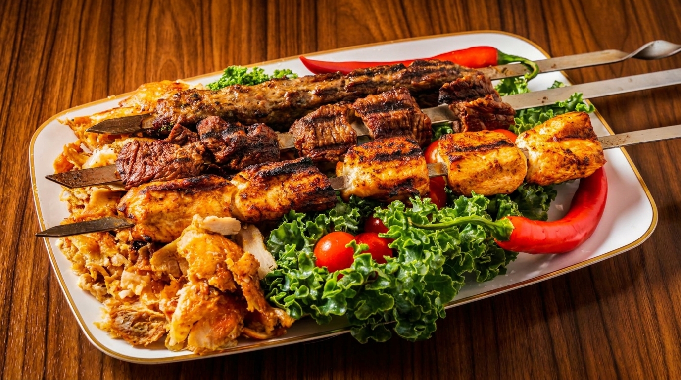 A platter of various grilled kebabs, including chicken, beef, and ground meat, with lettuce, tomatoes, and peppers.