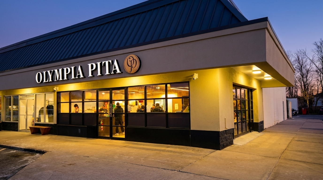 Exterior of Olympia Pita restaurant at dusk, with illuminated sign and customers visible inside.