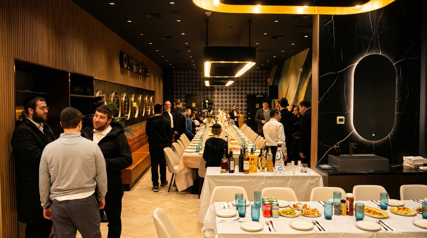 A large group of men gathered in a modern restaurant with long dining tables set for a meal.