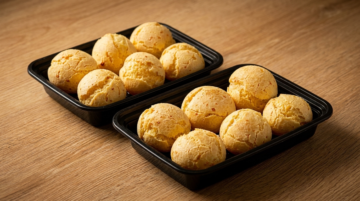 Two black containers filled with golden-brown Brazilian cheese bread (pão de queijo) on a wooden table.