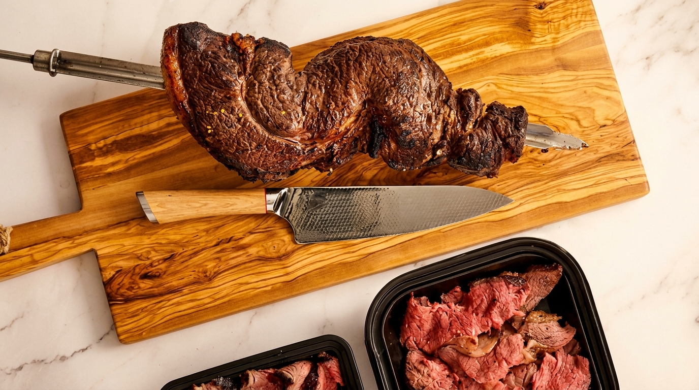 Grilled picanha on a skewer with a knife on a wooden board, next to containers of sliced meat.