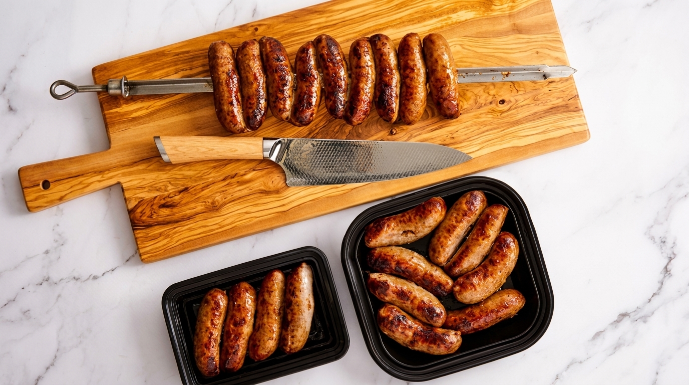 Grilled sausages on a skewer and in two black containers, with a chef's knife on a wooden board.
