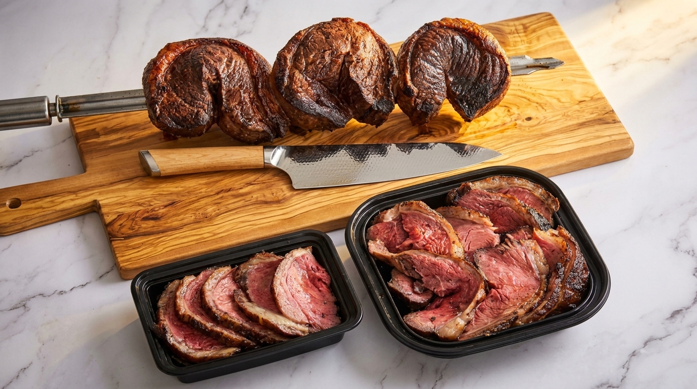 Three picanha roasts on a rotisserie skewer, with sliced picanha in two black containers.