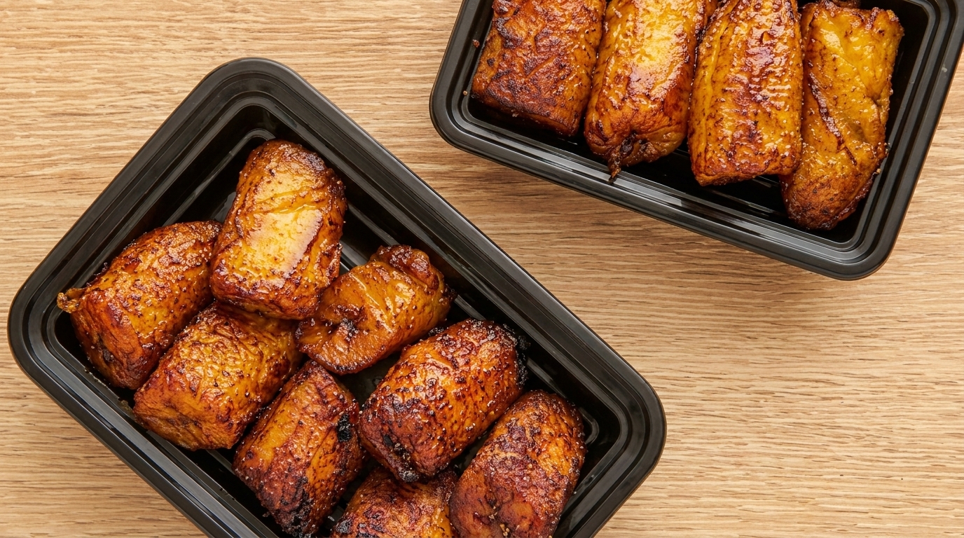 Two black containers filled with golden-brown fried plantains on a light wooden surface.