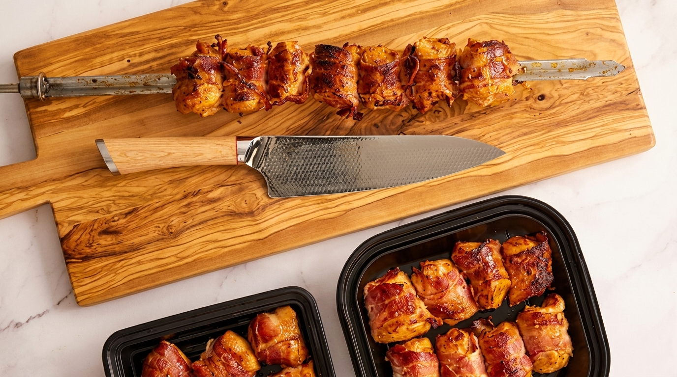 Bacon-wrapped chicken skewers on a rotisserie rod, with a knife and two trays of chicken.