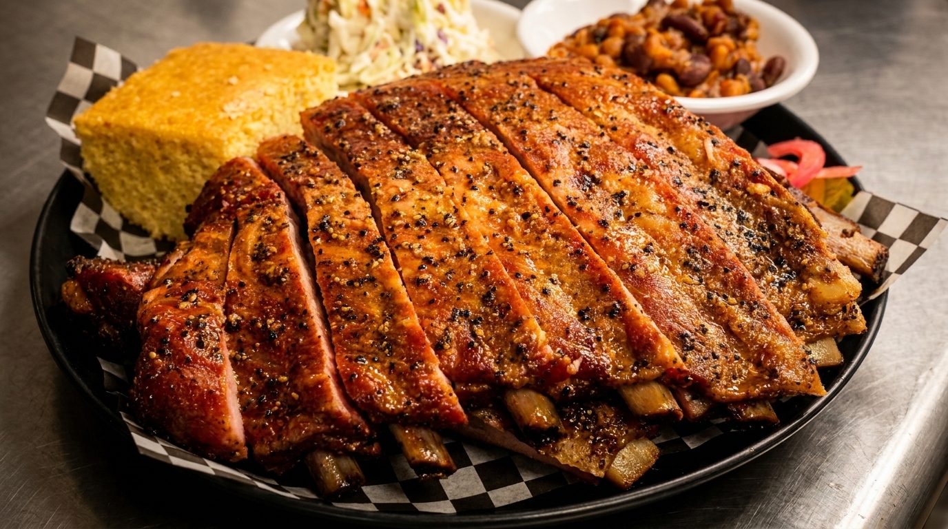 A platter of sliced BBQ ribs with cornbread, coleslaw, and baked beans.