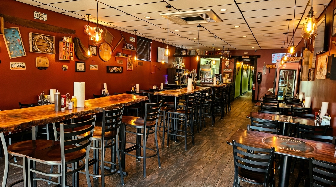 Rustic restaurant interior with red walls, wooden tables, bar seating, and industrial lighting.