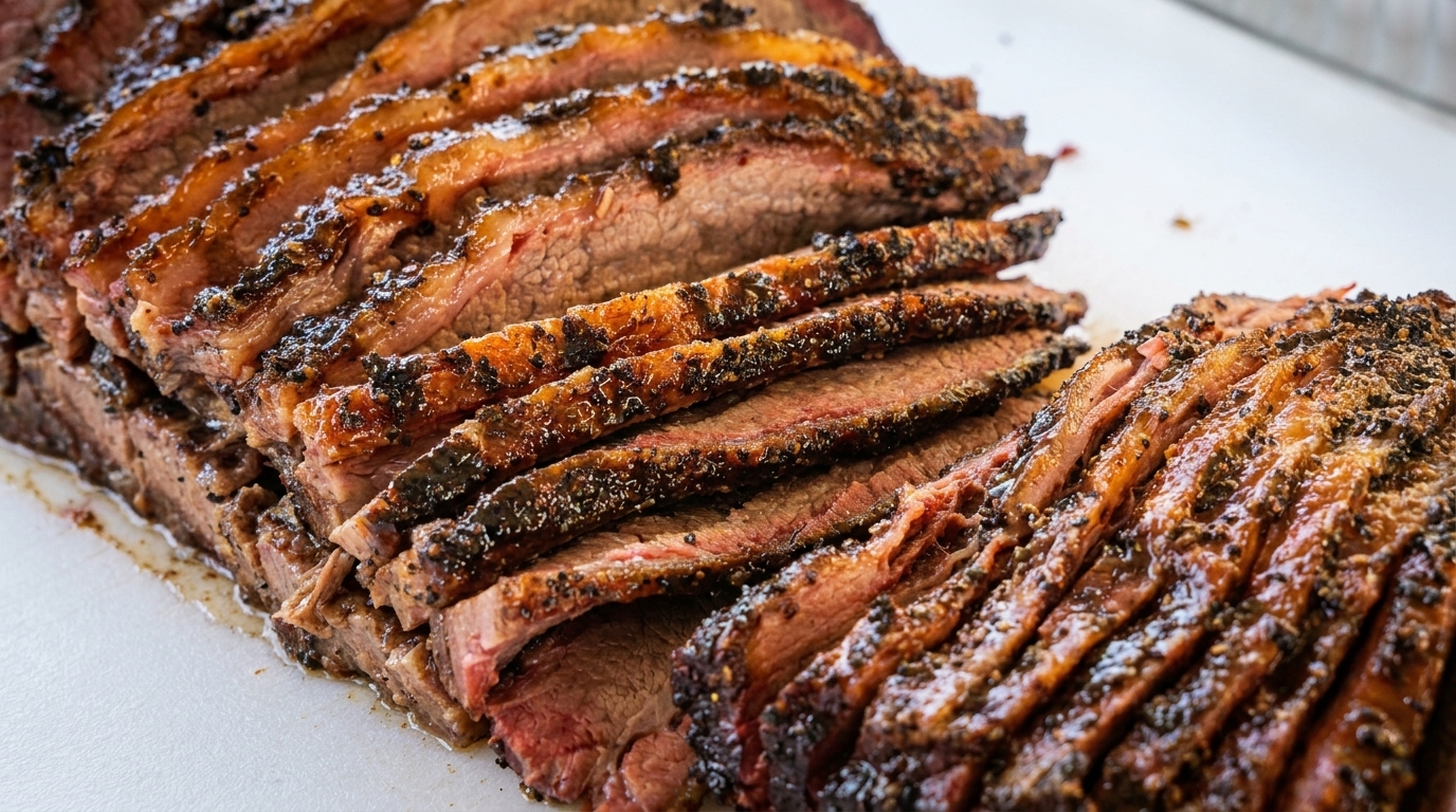 Close-up of perfectly sliced, juicy brisket with a dark, peppery crust on a white surface.