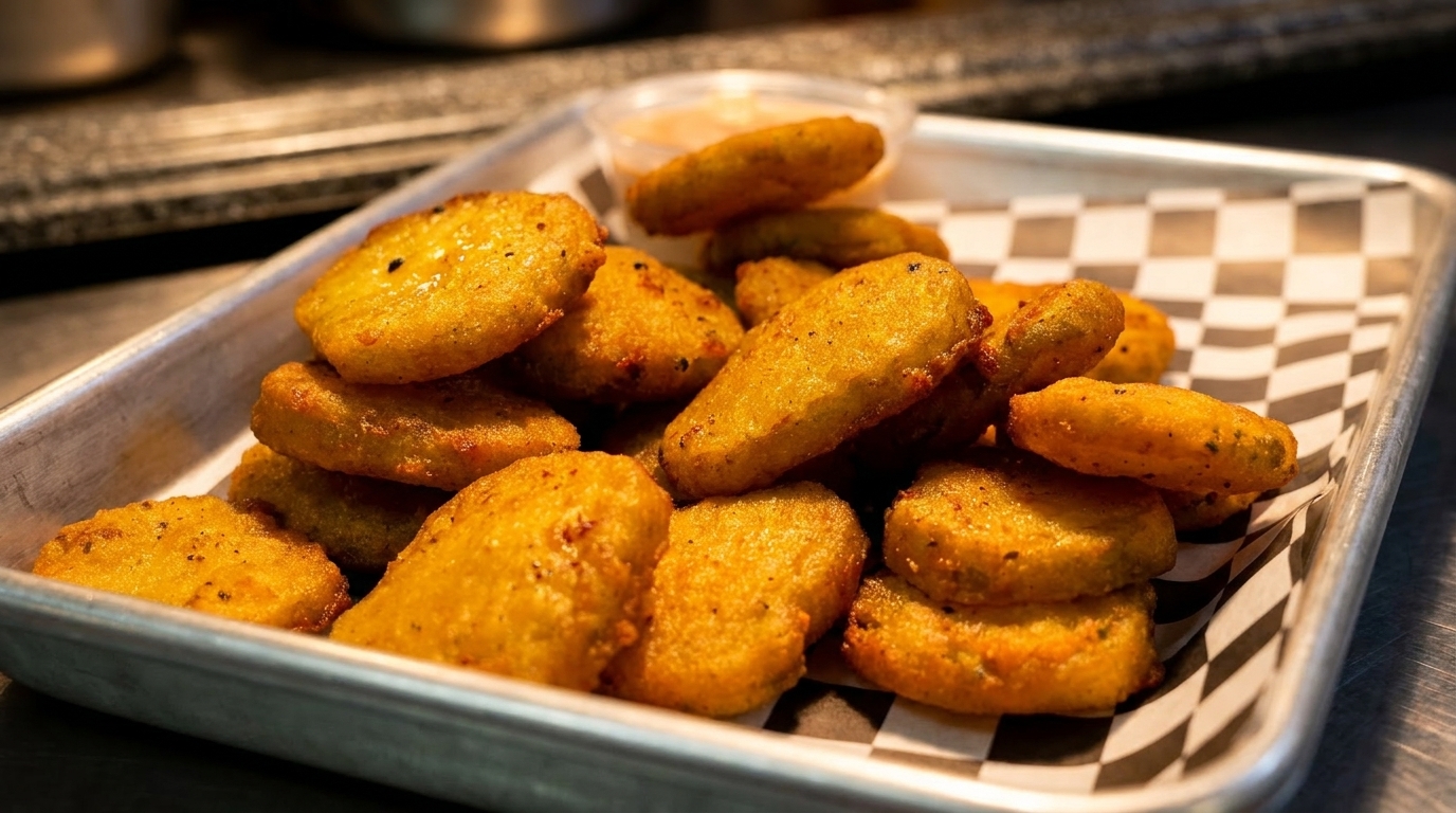 Golden-brown fried pickles on a metal tray with checkered paper and a side of dipping sauce.
