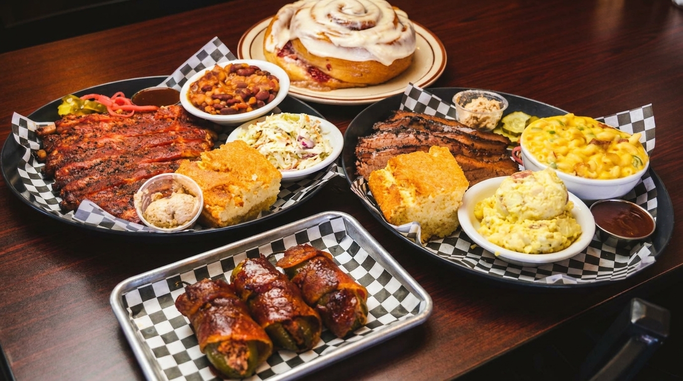 Plates of BBQ ribs, brisket, baked beans, coleslaw, cornbread, mac and cheese, and bacon-wrapped jalapeños.