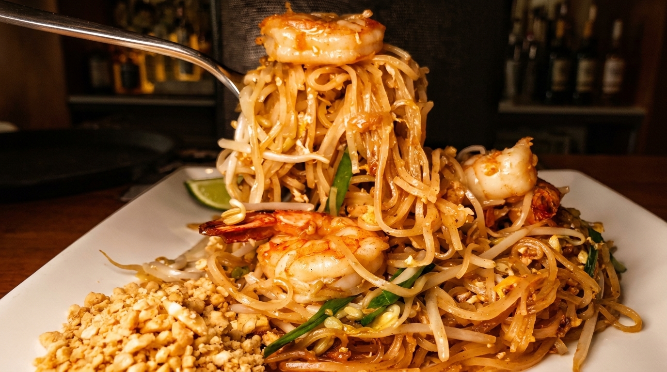 A fork lifts shrimp pad Thai noodles from a white plate with crushed peanuts and lime.