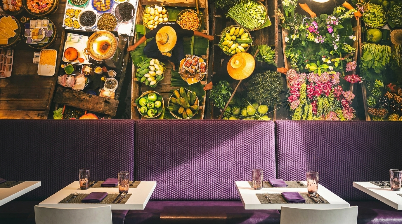Restaurant dining area with purple booths and tables, beneath a mural of a vibrant floating market.