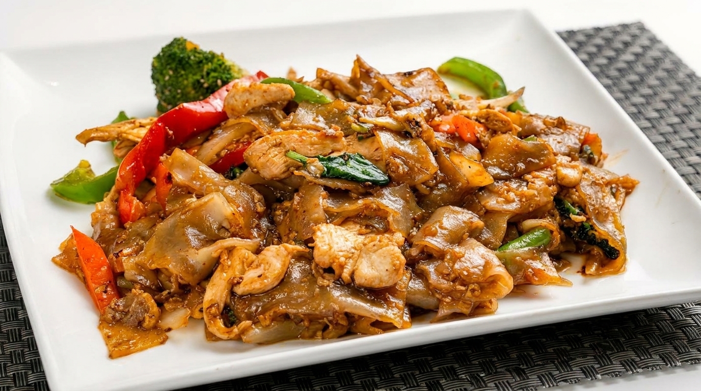 Pad See Ew with chicken, wide noodles, broccoli, and bell peppers on a white plate.