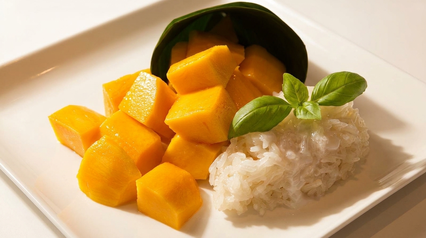 Diced mango and sticky rice with basil garnish on a white rectangular plate.
