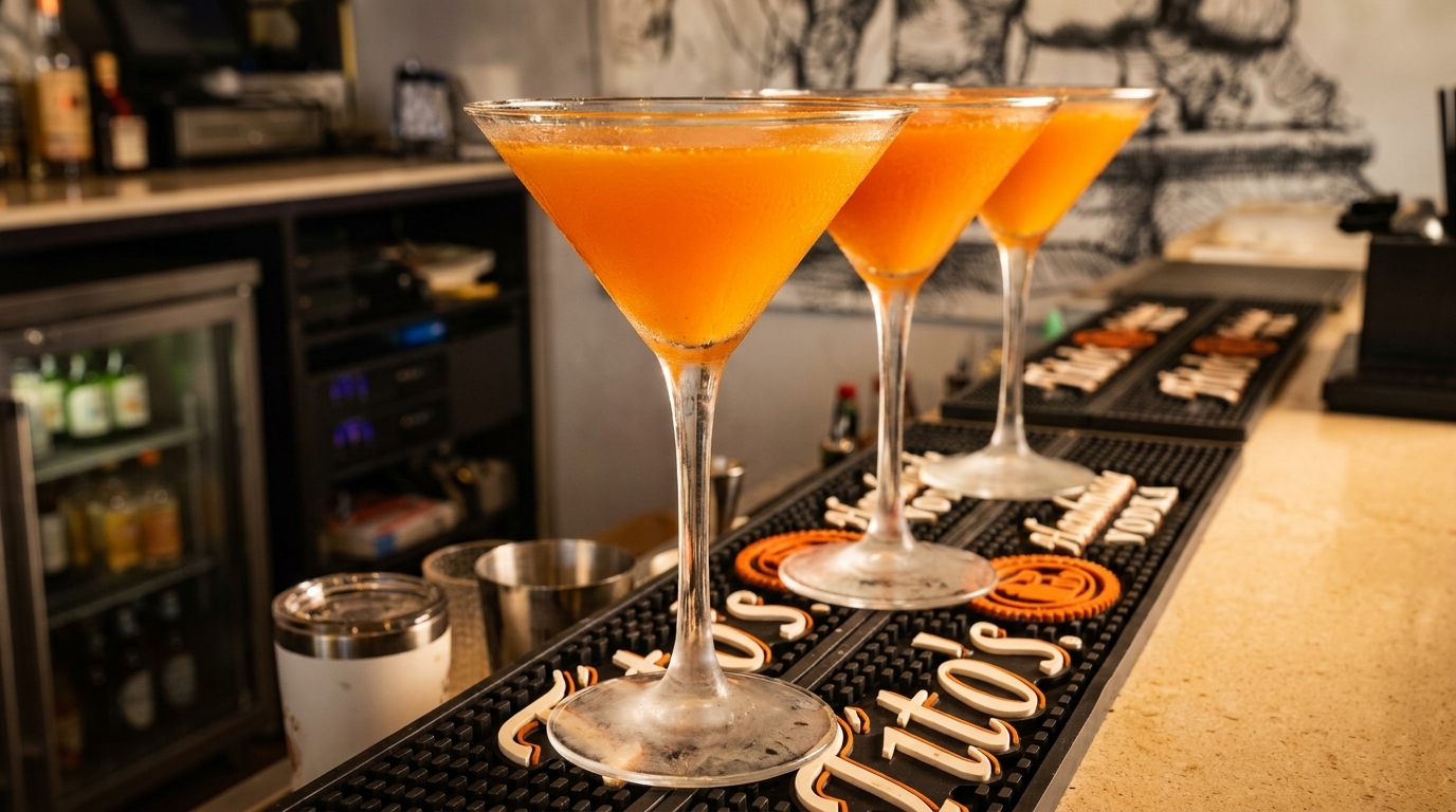 Three orange cocktails in martini glasses lined up on a bar mat with a bar in the background.