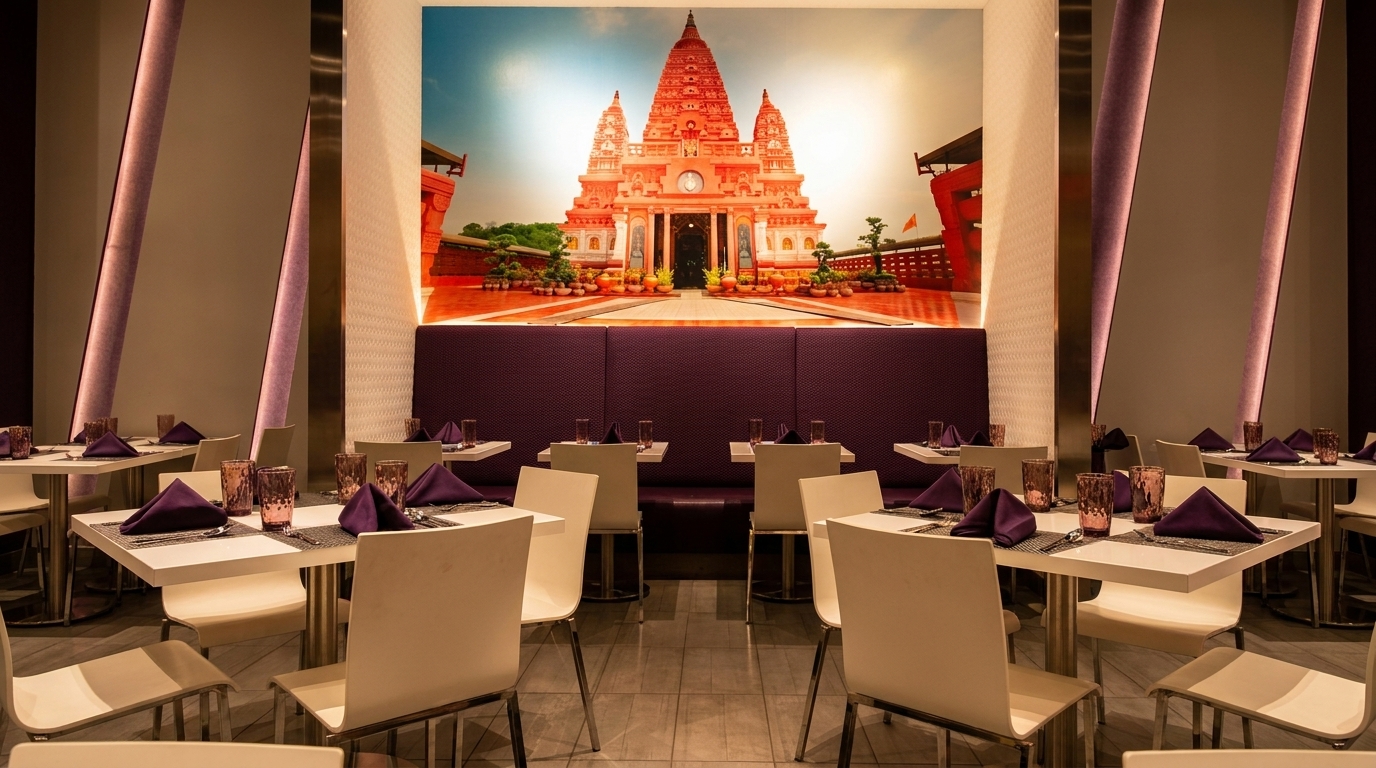Restaurant dining room with white tables, purple napkins, and a large mural of an ornate temple.
