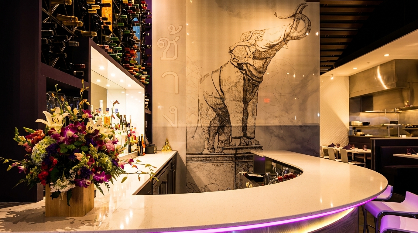 A modern bar with a large floral arrangement, wine rack, and elephant mural in a restaurant.