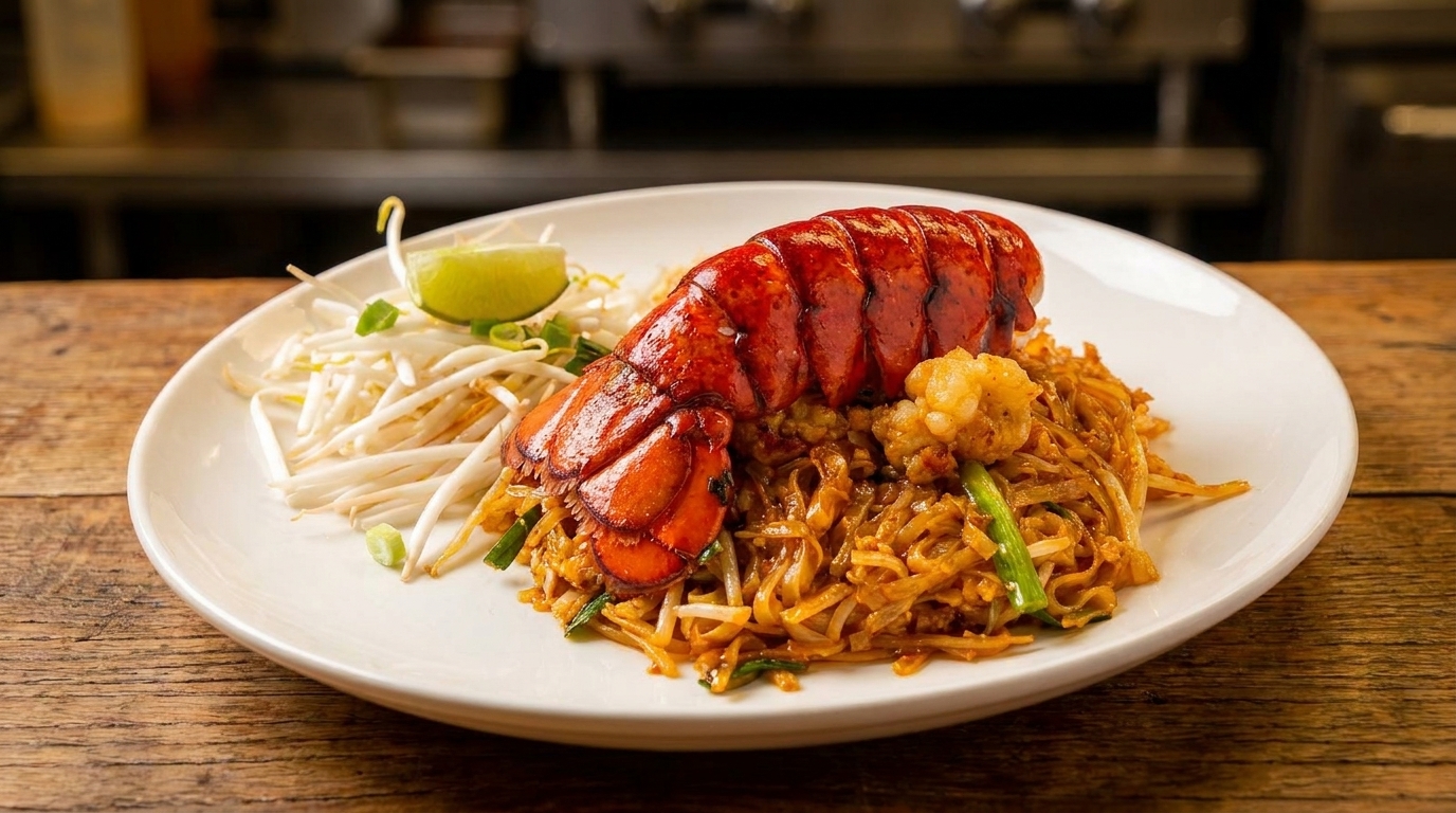 Lobster Pad Thai with bean sprouts and a lime wedge on a white plate.