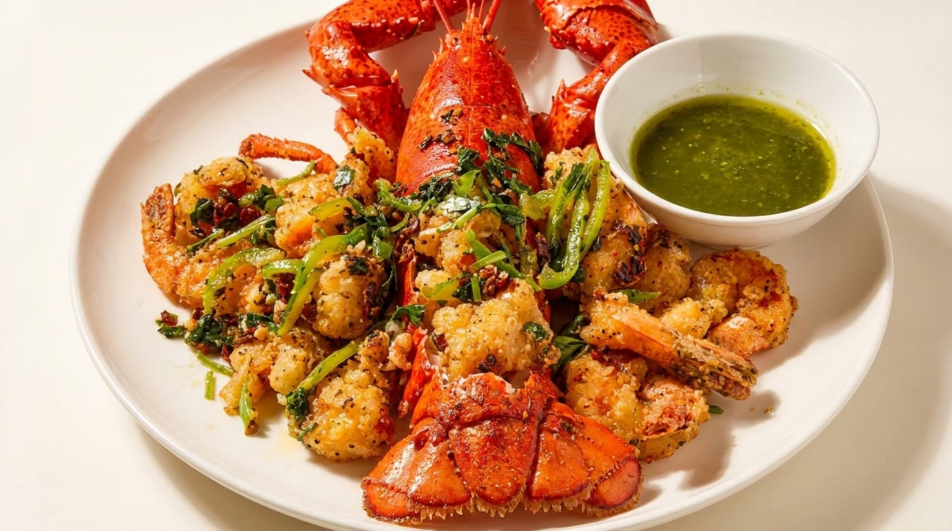 A whole cooked lobster and fried shrimp with green peppers, herbs, and a side of green sauce.