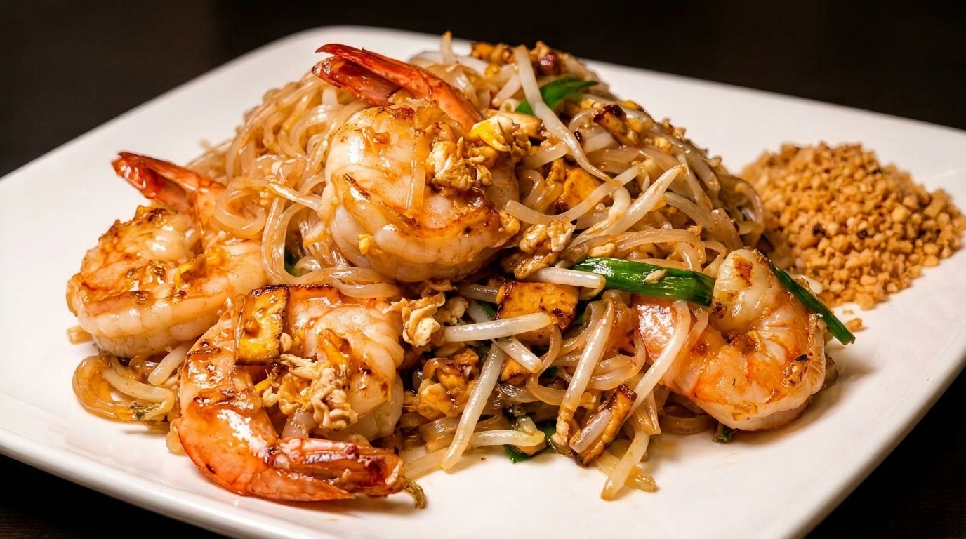 Close-up of shrimp pad Thai with noodles, bean sprouts, tofu, and crushed peanuts.