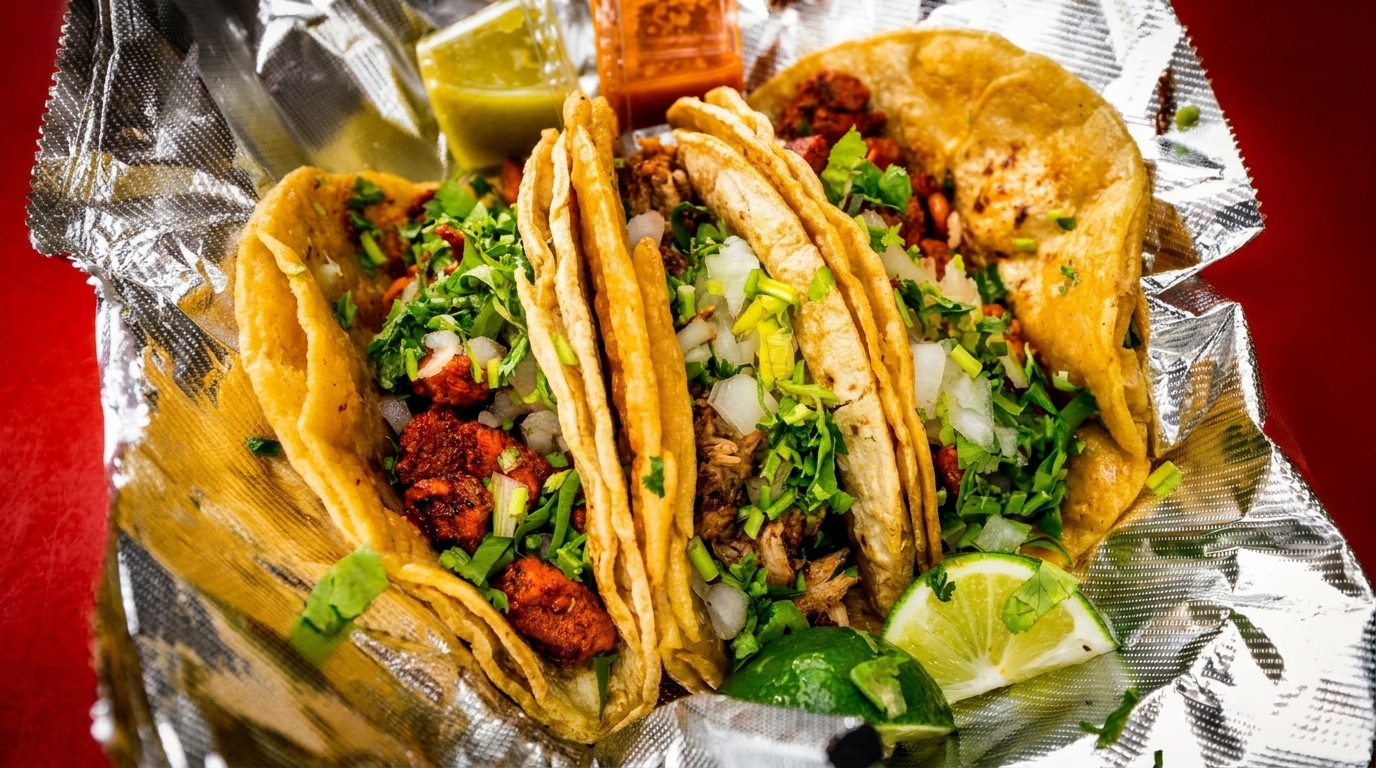 Four street tacos with meat, cilantro, and onions, served with lime wedges and sauces.