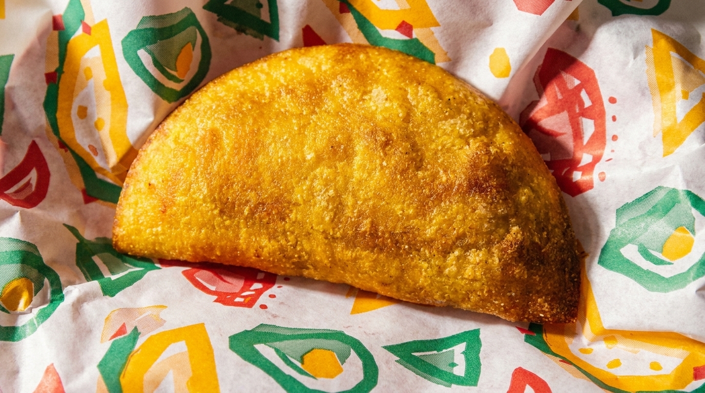 Golden-brown empanada resting on colorful, patterned paper, ready to be enjoyed.