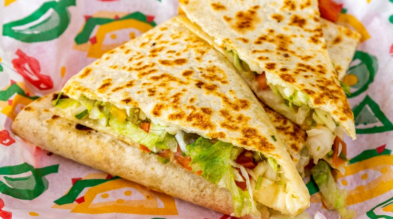 Two golden-brown quesadillas filled with fresh lettuce, tomatoes, and cheese, served on patterned paper.